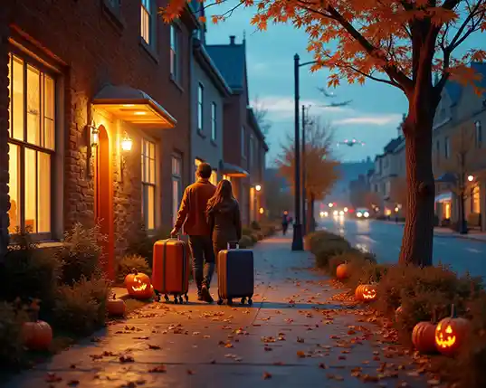 Cozy hotel stay decorated for Halloween
